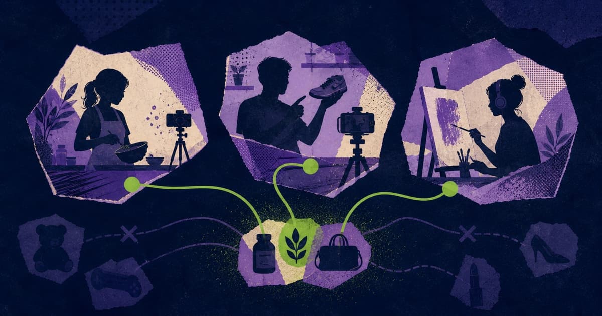 Editorial collage of three different creators connected to a shared group of sponsor products