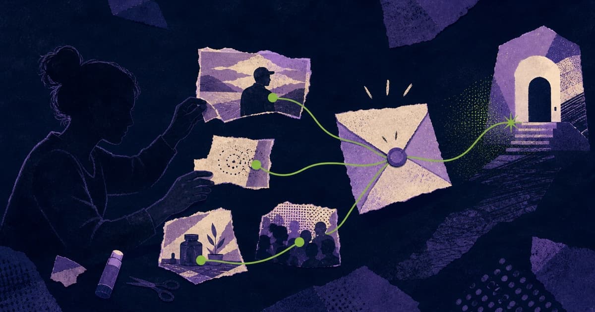 Editorial collage of a creator assembling evidence fragments into a sponsorship letter