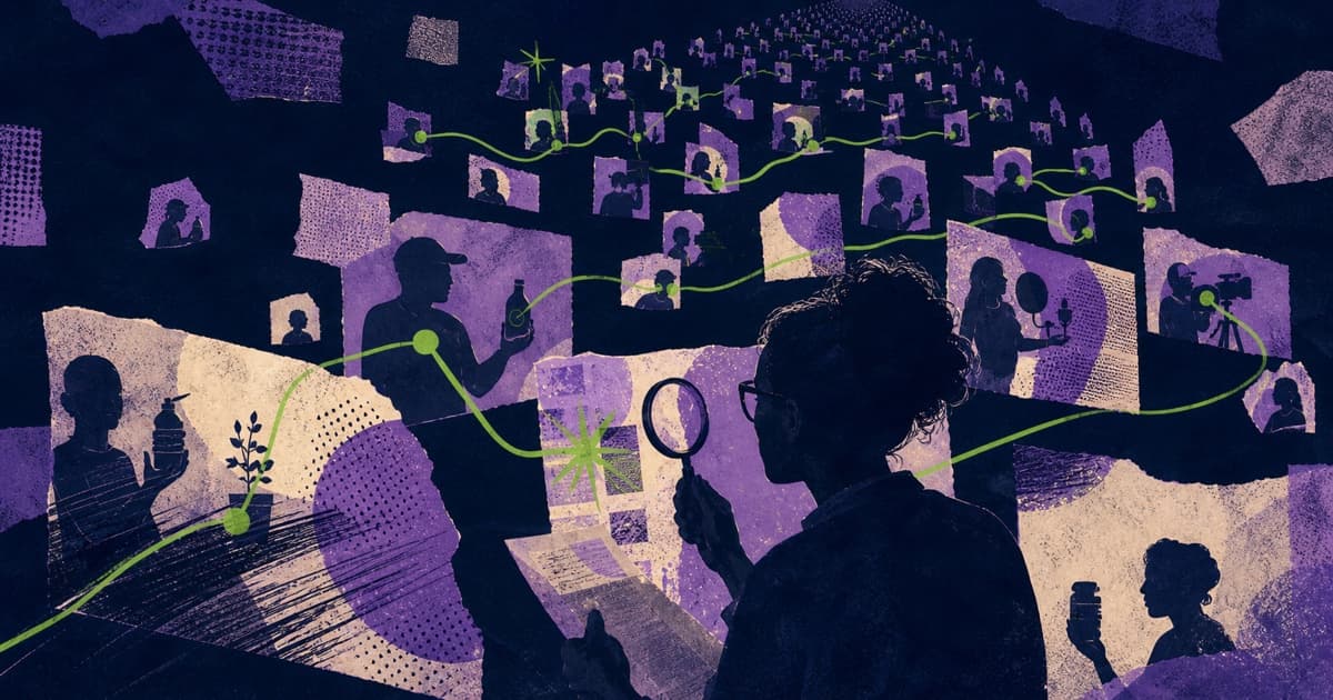 Editorial collage of an analyst tracing sponsorship evidence through a large creator archive